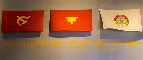 Flags of Democratic Kampuchea (Khmer Rouge) displayed at the Tuol Sleng ...