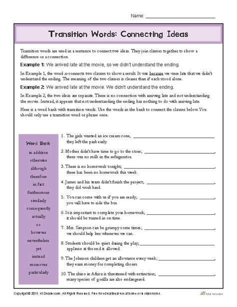 Transition Words Worksheet: Connecting Ideas