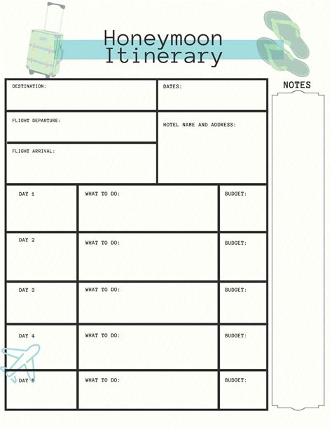 Honeymoon Itinerary Checklist Fillable INSTANT DOWNLOAD - Etsy