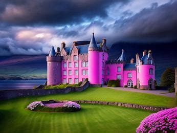 A large pink castle sitting on top of a lush green field Image & Design ID 0000146897 ...