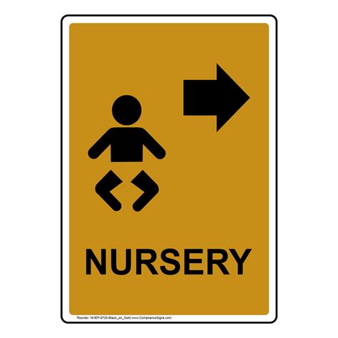 Portrait Nursery [Right Arrow] Sign With Symbol NHEP-9720-Black_on_Gold