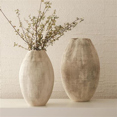 Kathy Kuo Home Sylvia Modern Classic Rustic White Ceramic Grid Textured Vase - Large | White ...