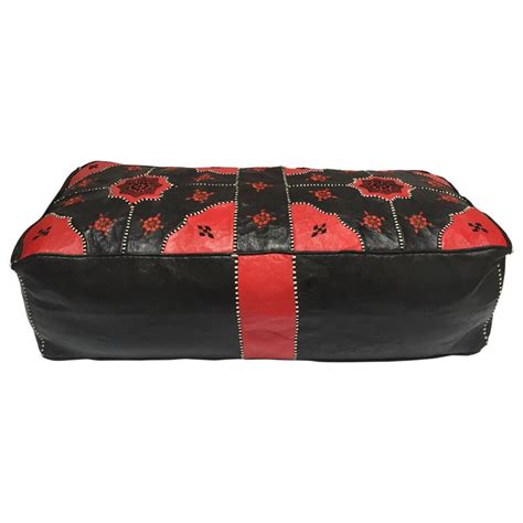 Large Moroccan Red and Black Leather Rectangular Pouf Ottoman For Sale ...
