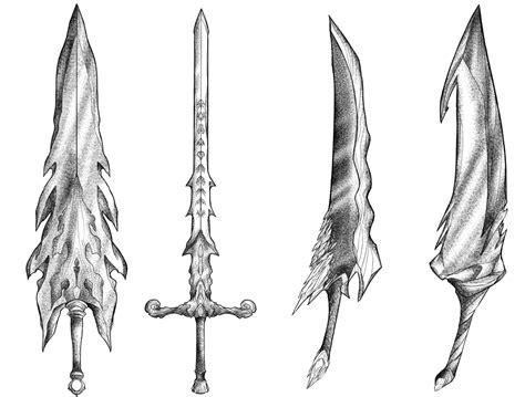 I've draw my own interpretation of Kholin's shardblades. The order of shardblades left to right ...