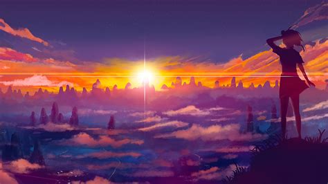 Anime Sunrise Amidst Mountains HD Wallpaper by jakejk