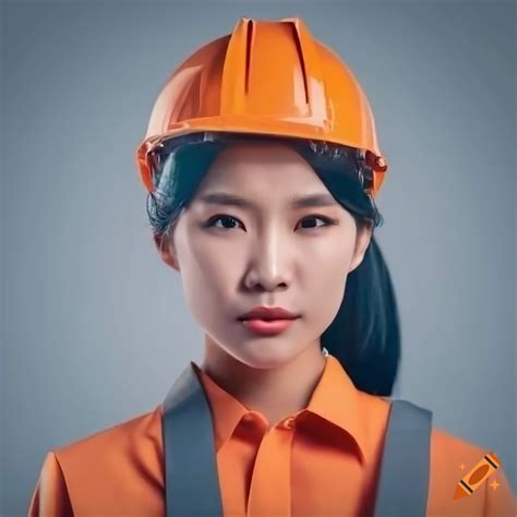 Close-up portrait of a strong asian woman in an orange engineer's ...