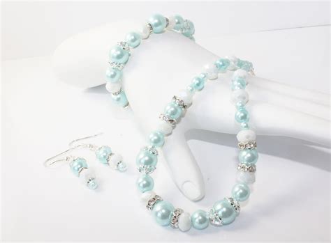 Tiffany Blue Earrings Bracelet and Necklace Wedding Set with