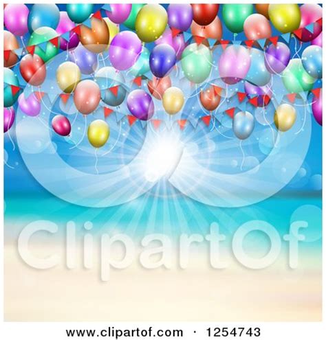 Clipart of a Beach with Sunshine and Party Balloons - Royalty Free Vector Illustration by KJ ...