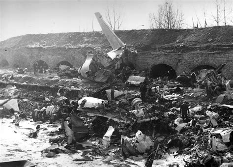 Wreckage of LOT Polish Airlines flight 7, an Ilyushin Il-62, which crashed near Okęcie Airport ...