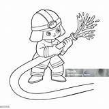 Vetores De Livro Colorir Bombeiro Usando Mangueira Incêndio E  sketch template