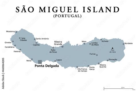 Sao Miguel Island, Azores, Portugal, gray political map with capital ...