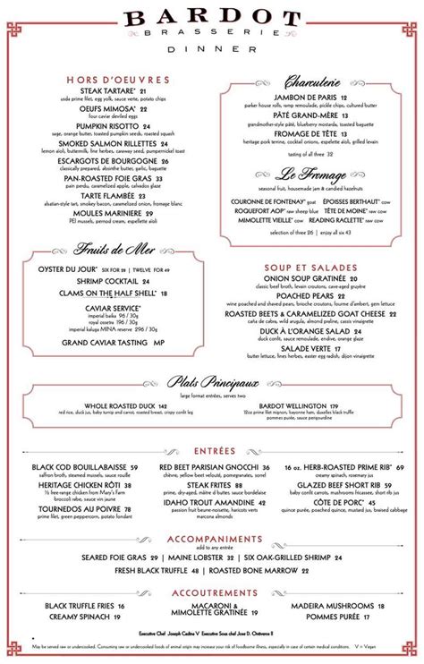 Menu for Bardot Brasserie (3730 Las Vegas Blvd S. Aria Las Vegas NV, 89109)