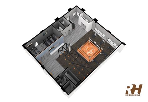 It's a 3d rendering plan of a commercial boxing gym floor.