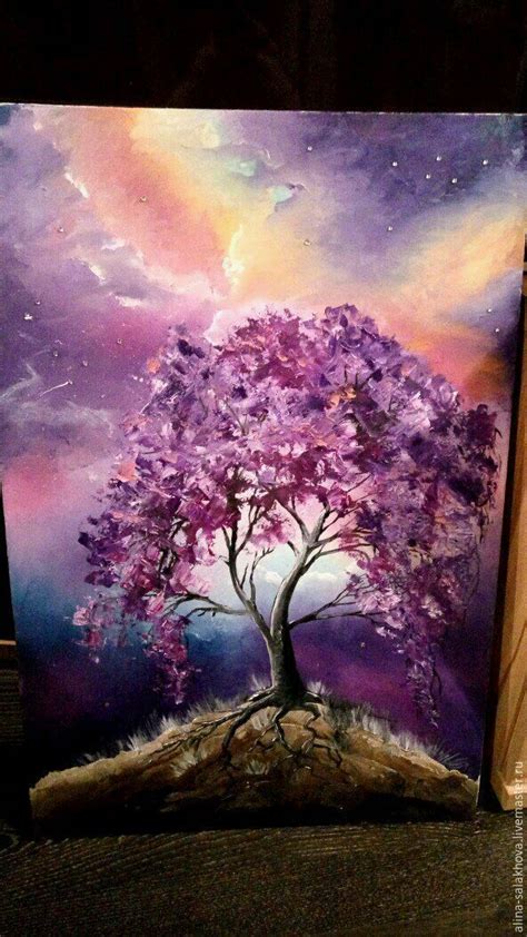 Purple tree painting idea with stormy dark sky. | Tree painting, Tree ...