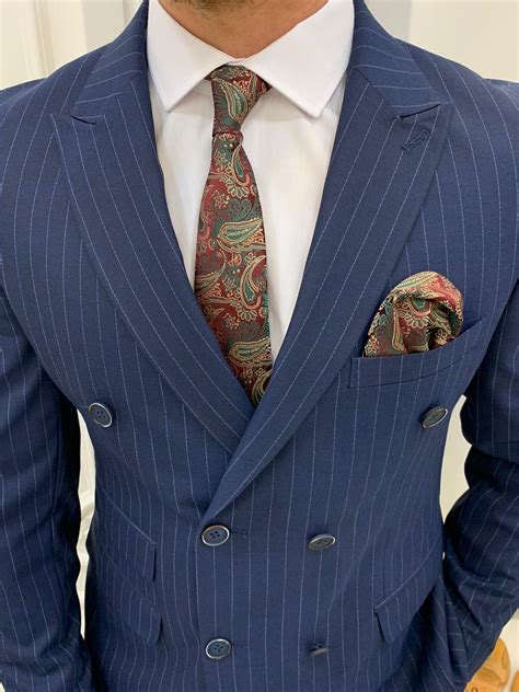 Buy Navy Blue Slim Fit Double Breasted Pinstripe Suit by GentWith.com