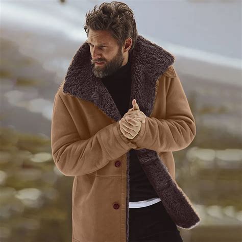 Men's Winter Sheepskin Jacket Warm Wool Lined Mountain Faux Lamb ...