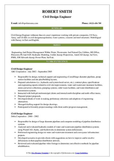 Civil Design Engineer Resume Samples | QwikResume