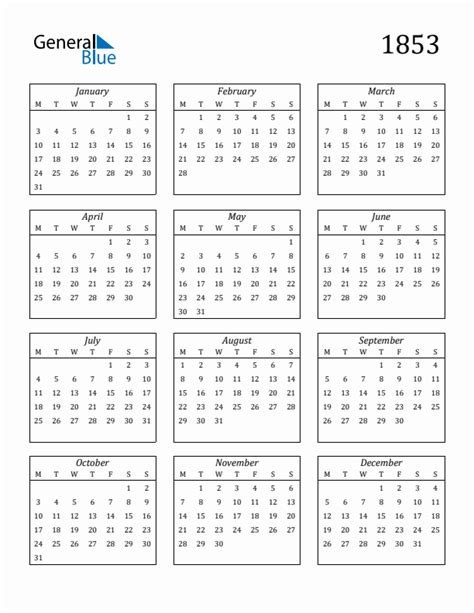 1853 Yearly Calendar Templates with Monday Start