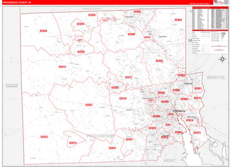 Providence County, RI Zip Code Wall Map Red Line Style by MarketMAPS ...