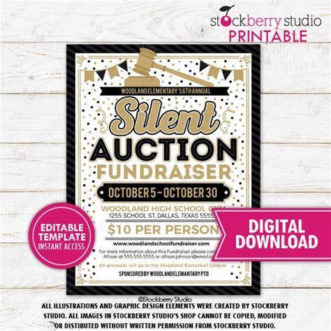 Silent Auction Fundraiser Flyer Printable Black Tie Gala School PTO PTA Community Church ...