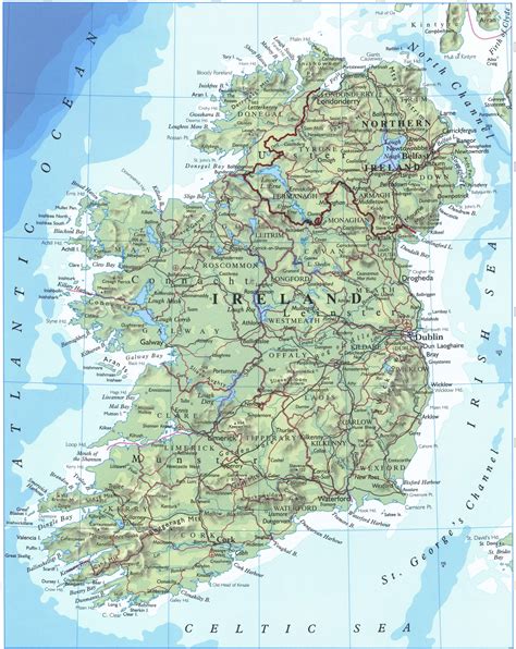 Physical map of Ireland, Geography map of Ireland with rivers and mountains