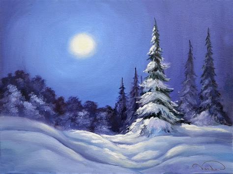 Winter Night Landscape Painting by Vanda Bleavins