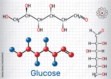 Glucose (dextrose, D-glucose) molecule. Linear form. Sheet of paper in ...