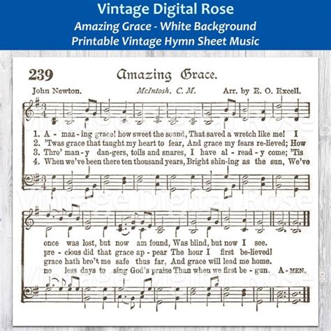 Amazing Grace White Background Printable Vintage Hymn Sheet - Etsy