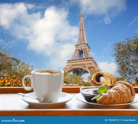 Coffee with Croissants Against Eiffel Tower in Paris, France Stock ...