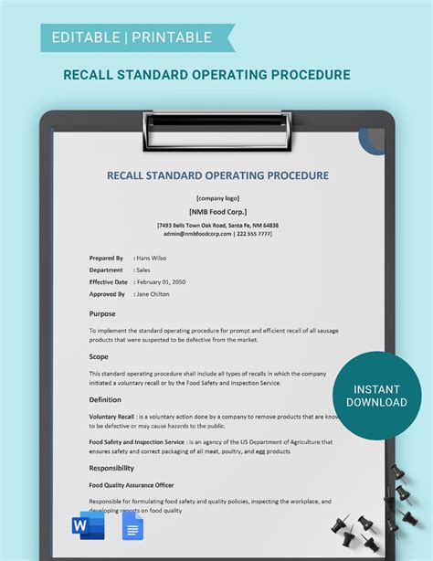 Recall Standard Operating Procedure Template in Word, Google Docs ...