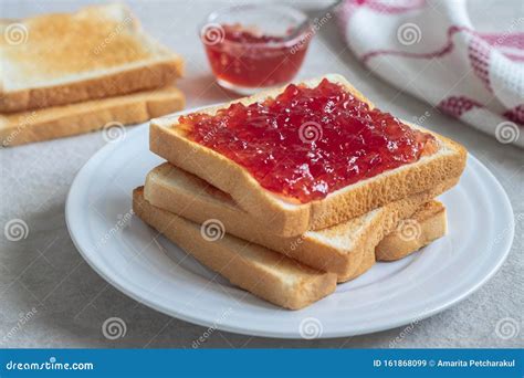 Toast Bread with Strawberry Jam on Plate Stock Image - Image of food ...