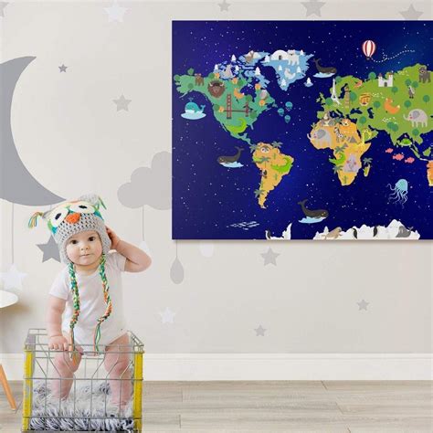 Animal World Map Nursery - Kids World Map Wall Art Framed Ready To Hang