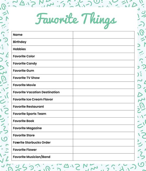 My Favorite Things Template - 10 Free PDF Printables | Printablee | Favorite things list, My ...