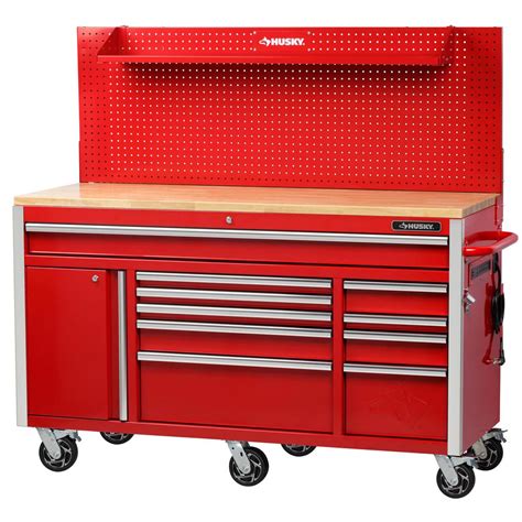 Husky Heavy-Duty 61 in. W x 23 in. D 10-Drawer 1-Door Tool Chest Mobile Workbench with Flip-up ...