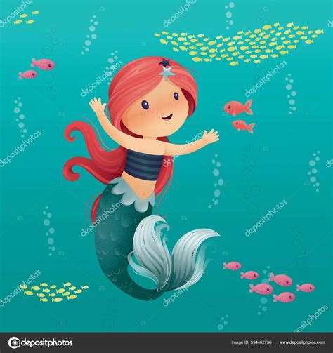 Cute Little Mermaid Hands Raised Long Red Hair Smiling Swiming Stock Illustration by ©krissstina ...
