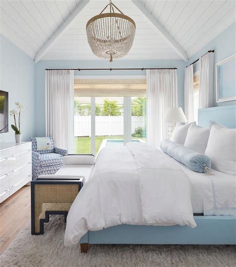 Sky Blue Bedroom with White Plank Vaulted Ceiling - Cottage - Bedroom