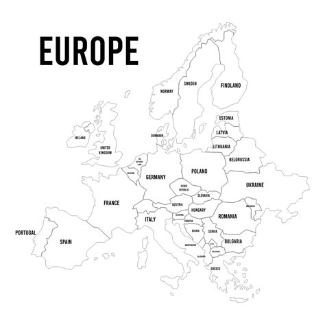 a map of europe with all the major cities and their names in black on a white background