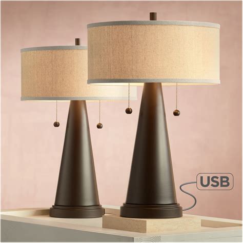 Franklin Iron Works Mid Century Modern Accent Table Lamps Set of 2 with USB Port Bronze Metal ...