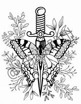 Butterfly And Dagger Coloring Page Plants Witchy  Etsy Australia sketch template