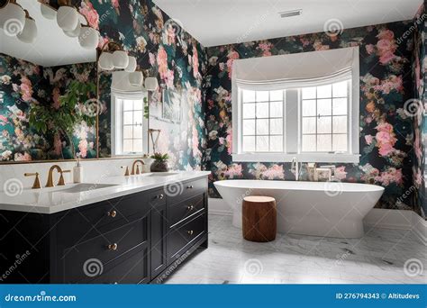 Floral Wallpaper in a Modern Bathroom Stock Illustration - Illustration ...