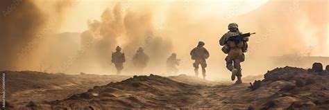 Special forces soldiers crossing the battlefield, fire and smoke in the desert background wide ...