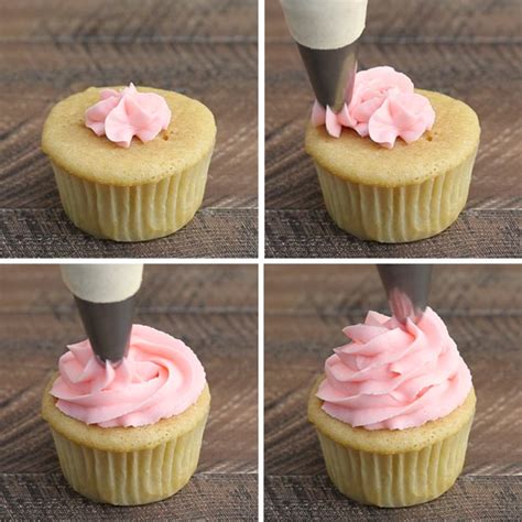 the cupcakes are being frosted with pink icing and then topped with a ...