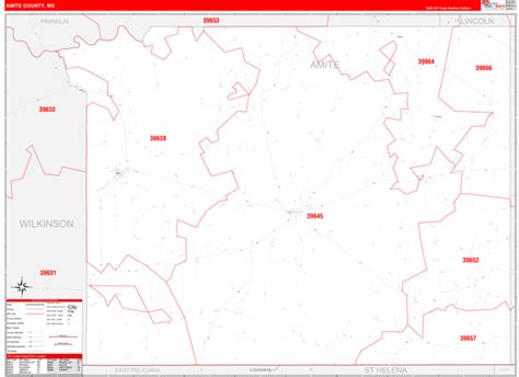 Amite County, MS Zip Code Wall Map Red Line Style by MarketMAPS - MapSales