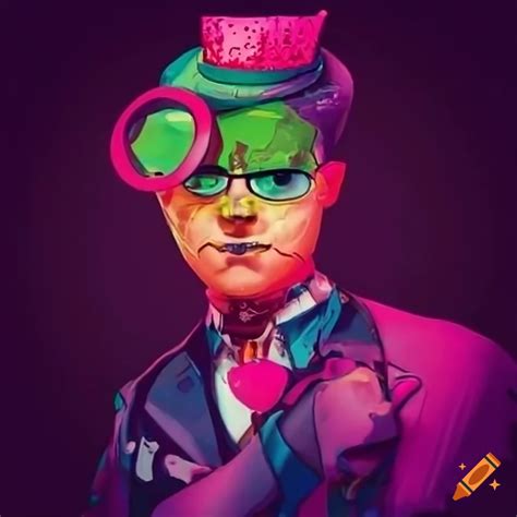 Colorful cyber-punk detective with a cake-shaped head investigating with a magnifying glass on ...