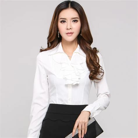 New 2015 Autumn Female Formal White Ladies Office Uniform Shirts Blouse Women Long Sleeve Plus ...