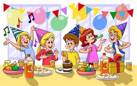 Premium Vector | Cartoon kids party poster with big table sweets and gifts in birthday ...