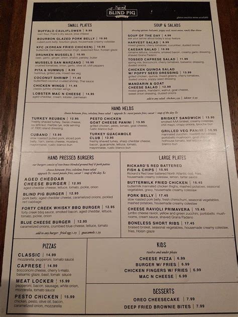 Menu at Blind Pig pub & bar, Niagara Falls