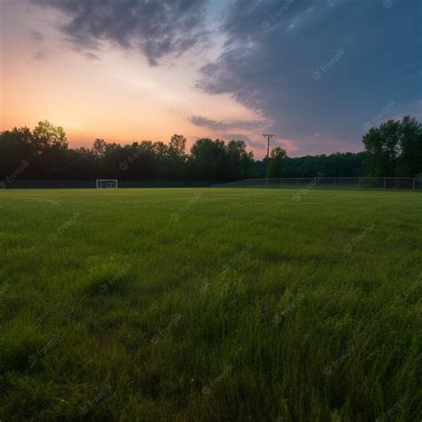 Premium AI Image | A soccer field with a sunset in the background