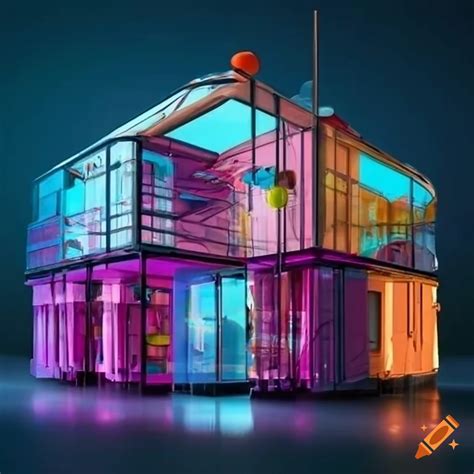 Retro futuristic space colony structures with colored glass walls in cyberpunk style on Craiyon