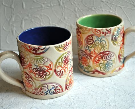 Rainbow Mug Handbuilt Block-printed colorful floral coffee